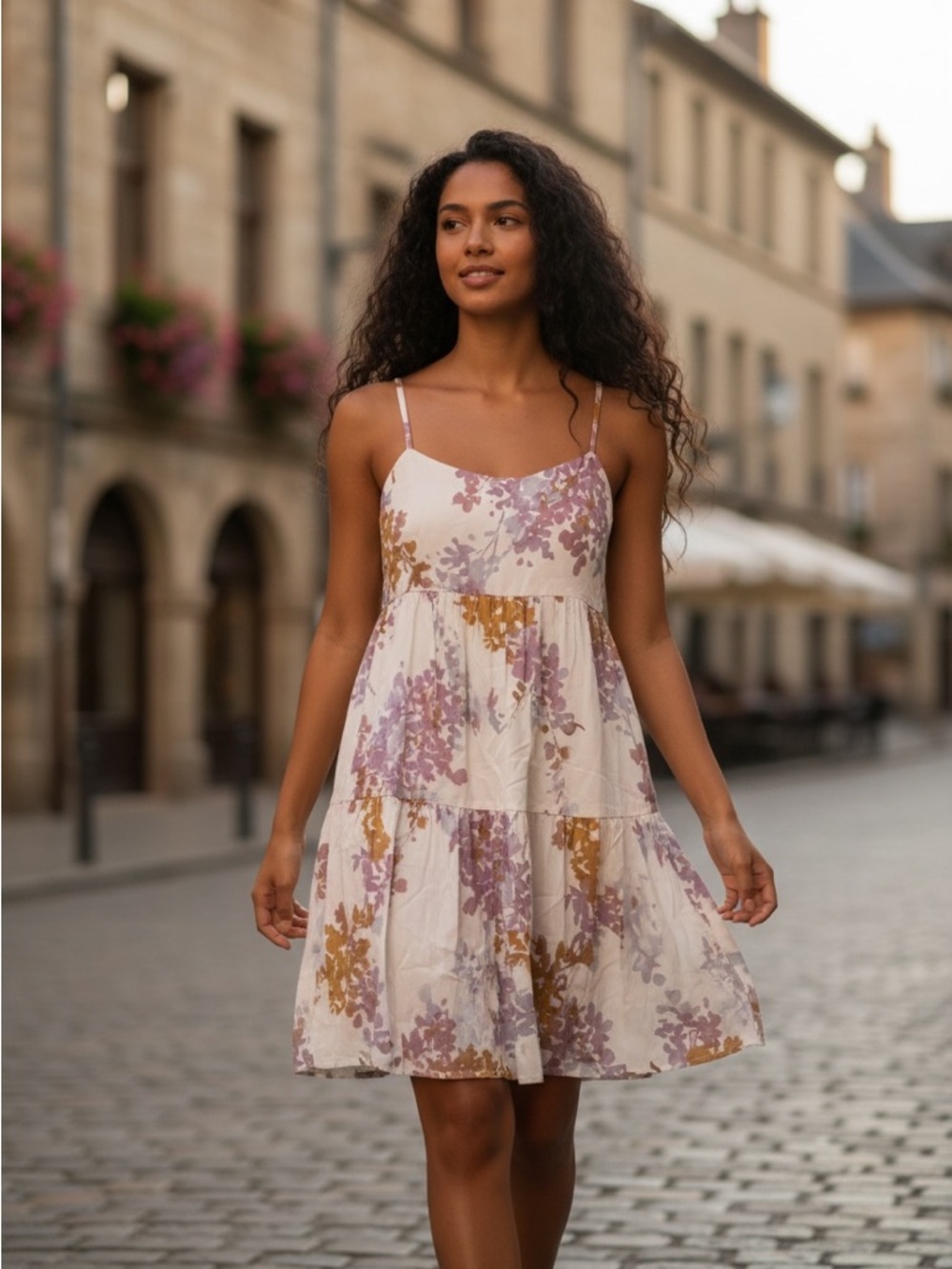 Spaghetti-Strap Tiered Midi Dress - Cream with Purple & Gold Floral